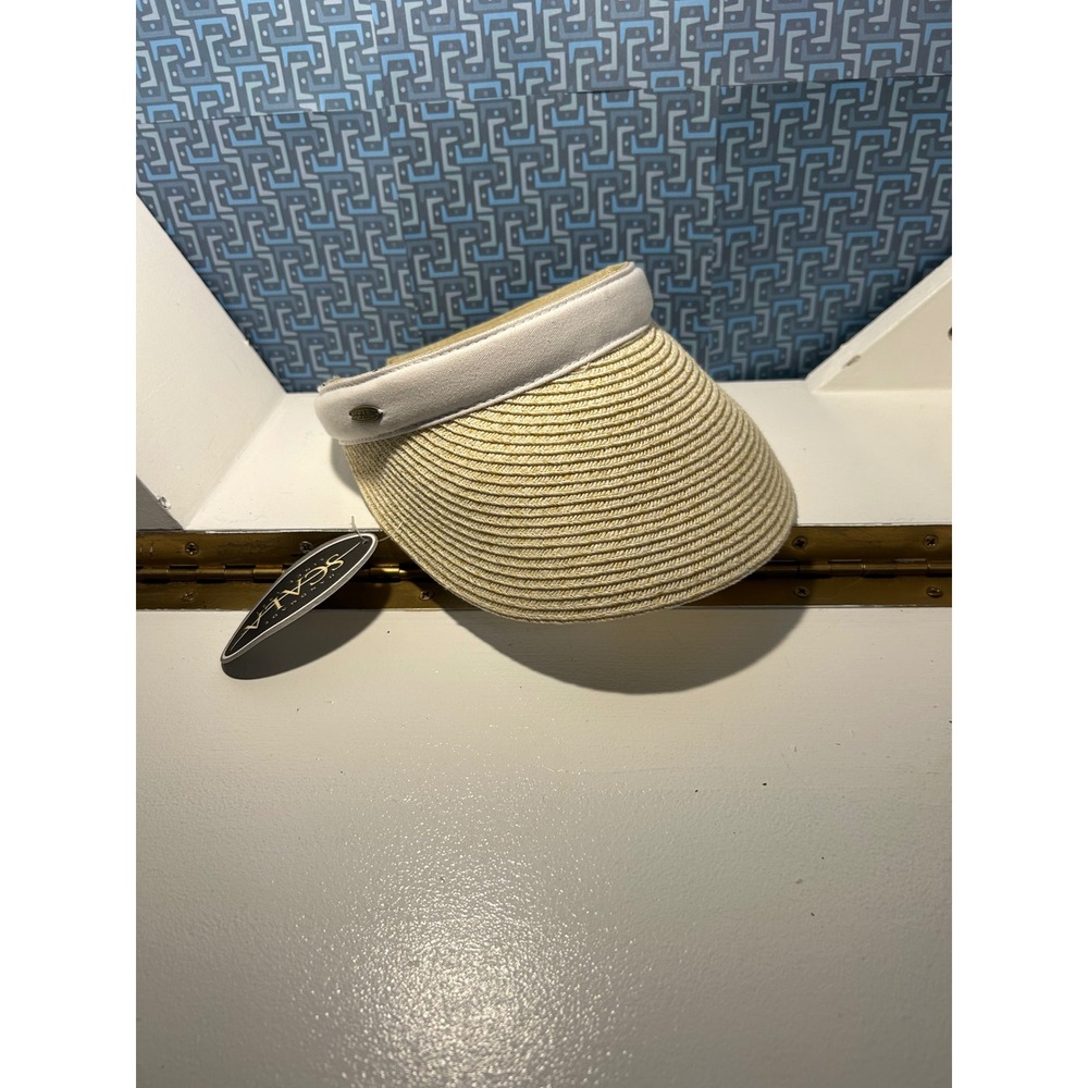 Scala Handmade Paper Straw Visor Tan White Clip On Sun Hat One Size NWT